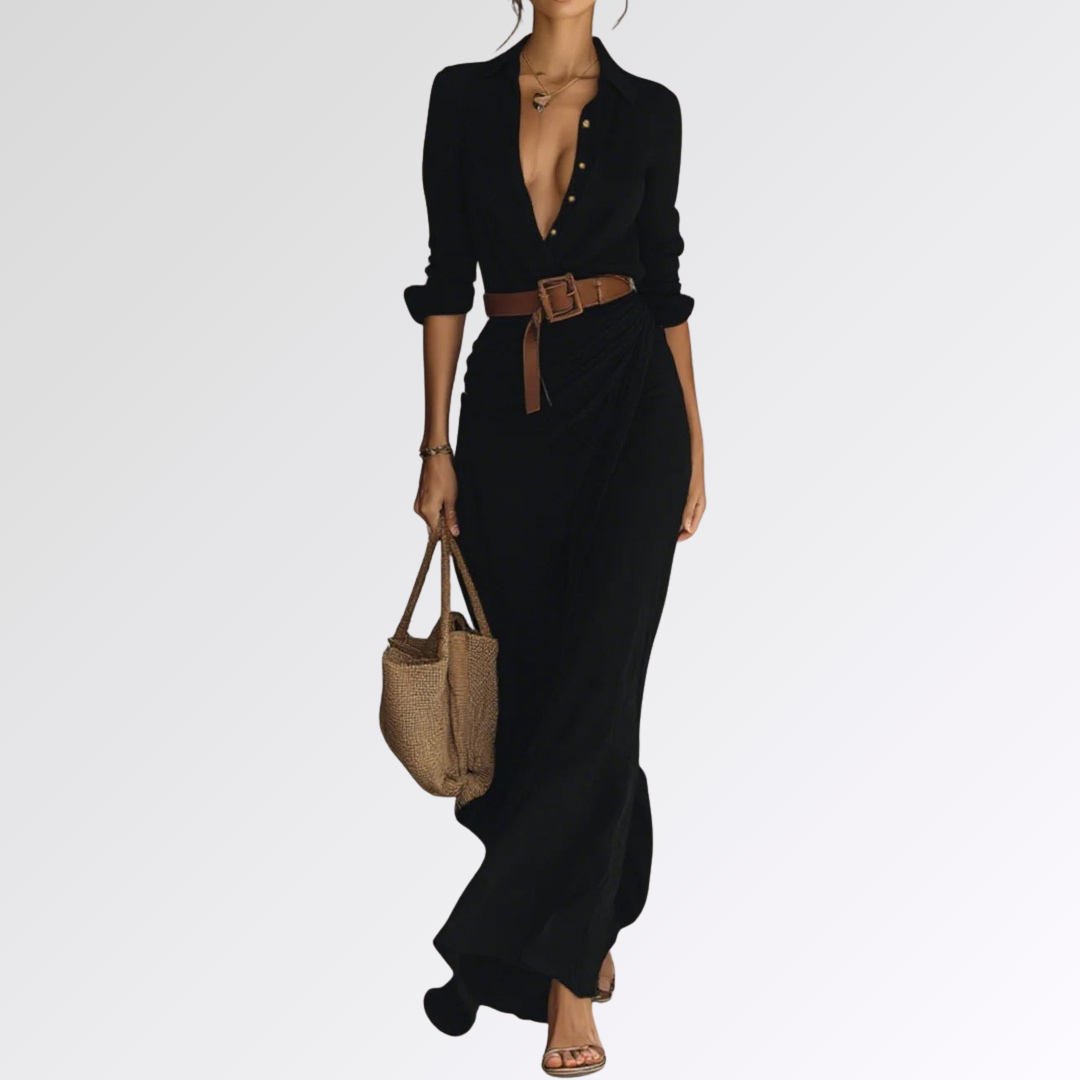 Lucie | Robe longue ceinturée à manches longues et revers