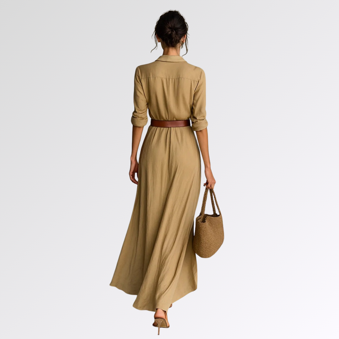 Lucie | Robe longue ceinturée à manches longues et revers