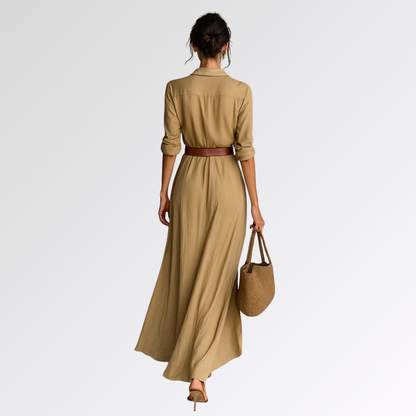 Lucie | Robe longue ceinturée à manches longues et revers