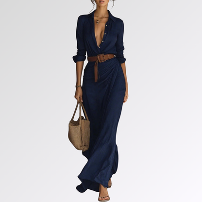 Lucie | Robe longue ceinturée à manches longues et revers